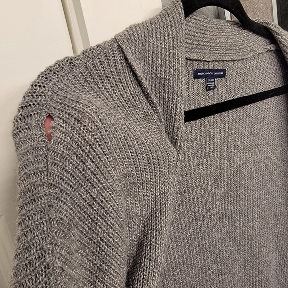 American Eagle Outfitters Grey Striped Knot Cardigan Sweater with Pockets - Picture 7 of 7